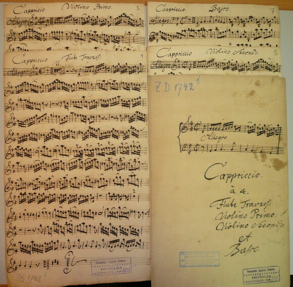 Stimmen und Umschlag des "Cappriccio â 4" von J. J. Quantz (?), Quelle: SA  3905. Mit freundlicher Genehmigung der Sing-Akademie zu Berlin