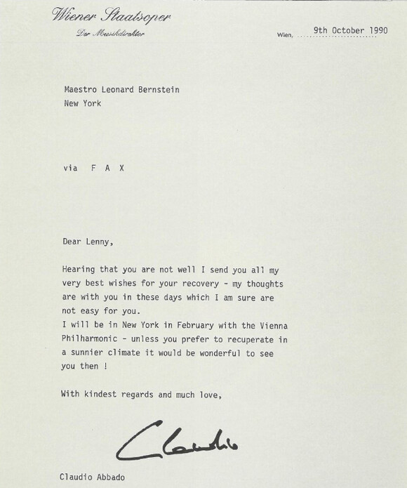 Brief Claudio Abbados an Leonard Bernstein vom 9. Oktober 1990