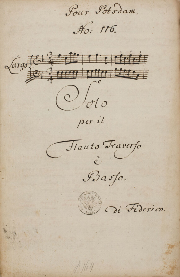 Abschrift einer Flötensonate Friedrichs des Großen; Kopist: Theile I (nach Eva Renate Wutta), Signatur: KHM 134 (Titelblatt)