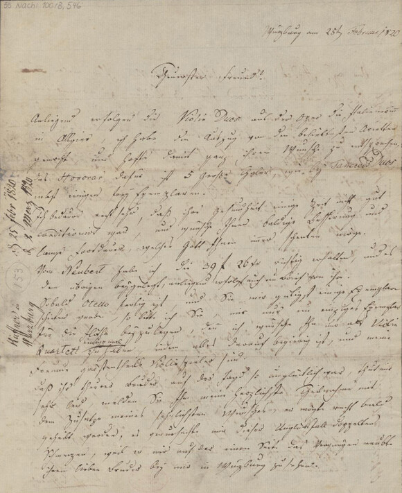 Joseph Küffner: Brief an B. Schott's Söhne. Würzburg, 25.02.1820 