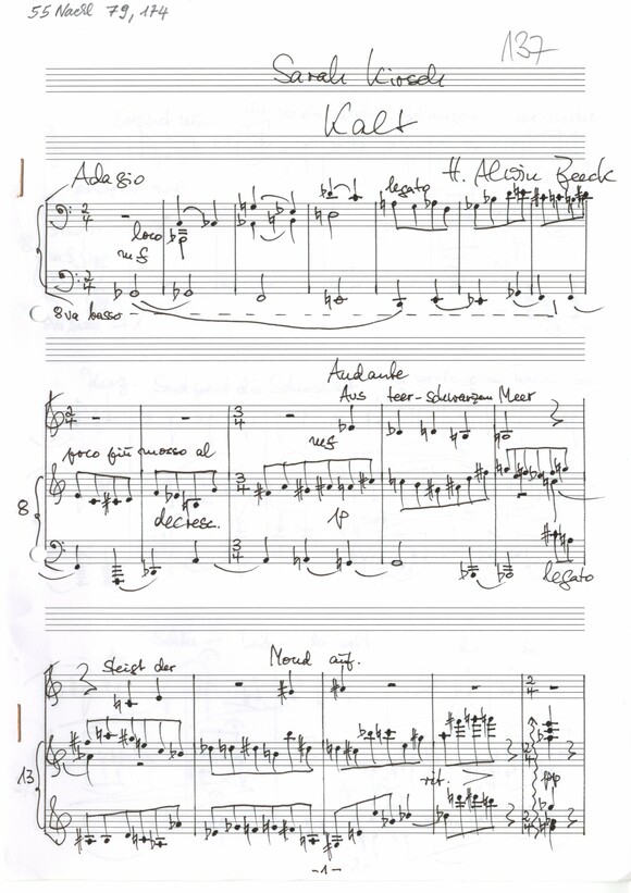 "Kalt" (Sarah Kirsch) für Mezzosopran und Klavier, komponiert am 4.10.1999, (55 Nachl 79, 172).
