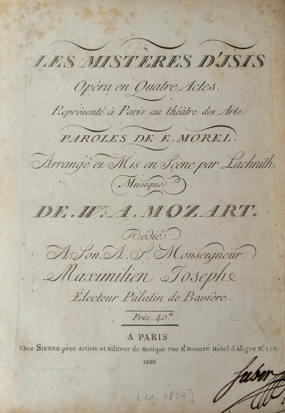 Wolfgang Amadeus Mozart: ''Les mistères d’Isis'', Paris 1804, arrangiert von Ludwig Wenzel Lachnith (55 NB 19036), Titelblatt