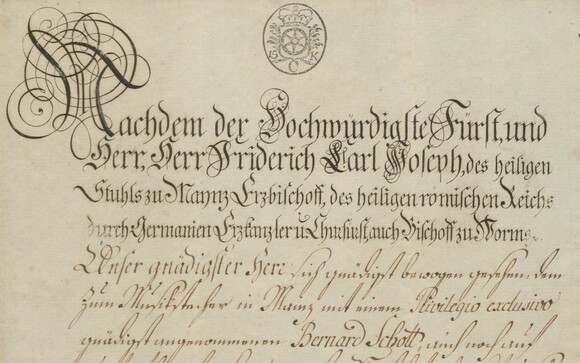 Verleihung des Prädikats als Hofmusikstecher an Bernhard Schott. Aschaffenburg, 06.06.1780 