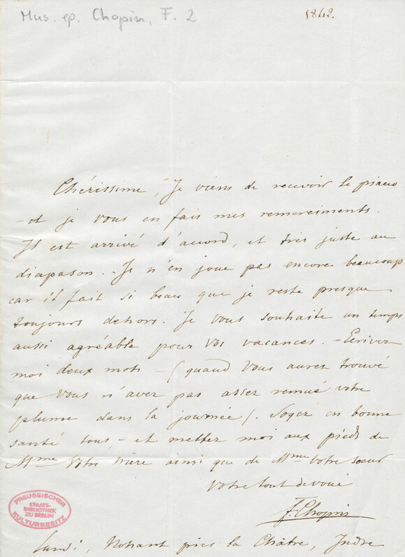 Brief von Frédéric Chopin an Camille Pleyel, Mai 1842 (Mus.ep. Chopin, F. 2)