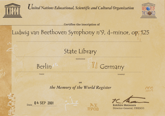 Urkunde der UNESCO zur Aufnahme des Autographs von Beethovens 9. Sinfonie in die Liste des Weltdokumentenerbes (Bestand der Musikabteilung)