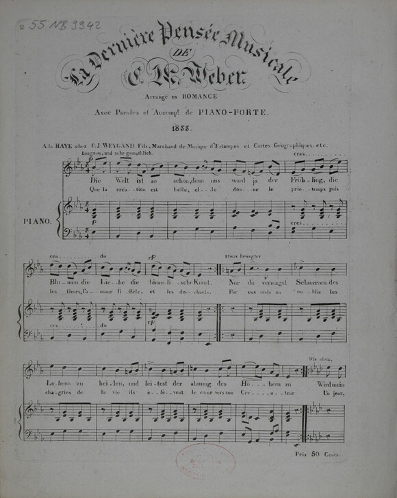 Carl Maria von Weber (recte: Carl Gottlieb Reissiger): La Dernière Pensée Musicale de C.M. Weber arrangé en Romance