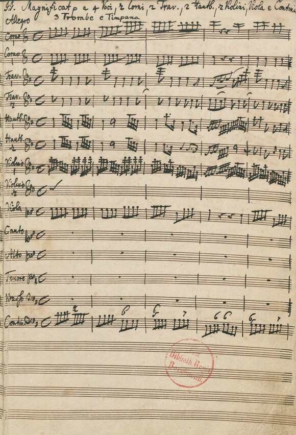C. P. E. Bach: Autograph des Magnificat BR-CPEB E 4.1, Wq 215, H 772 (Berliner Fassung 1749), Mus.ms. Bach P 341, erste Notenseite