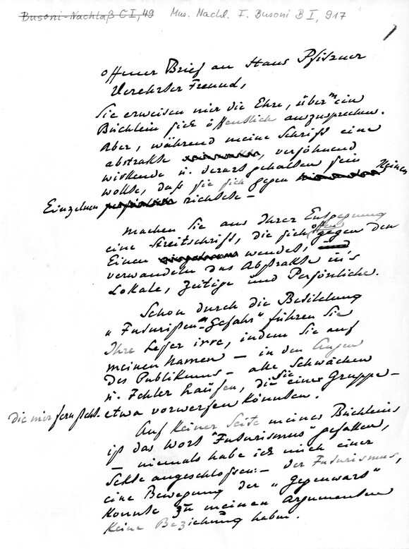 Brief von Ferruccio Busoni an Pfitzner, S. 1 (Mus.Nachl. F. Busoni B I,917)