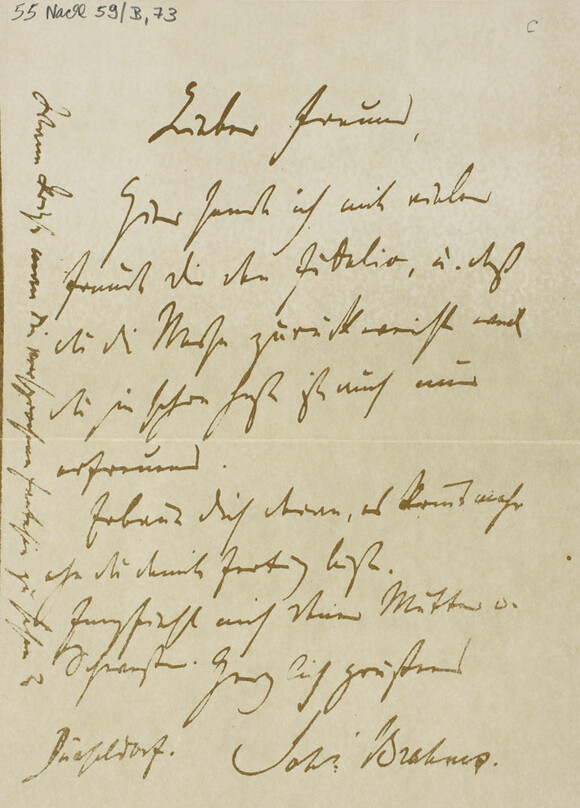 Bild zeigt: Undatierten Brief von Johannes Brahms aus Düsseldorf an seinen Freund Woldemar Bargiel