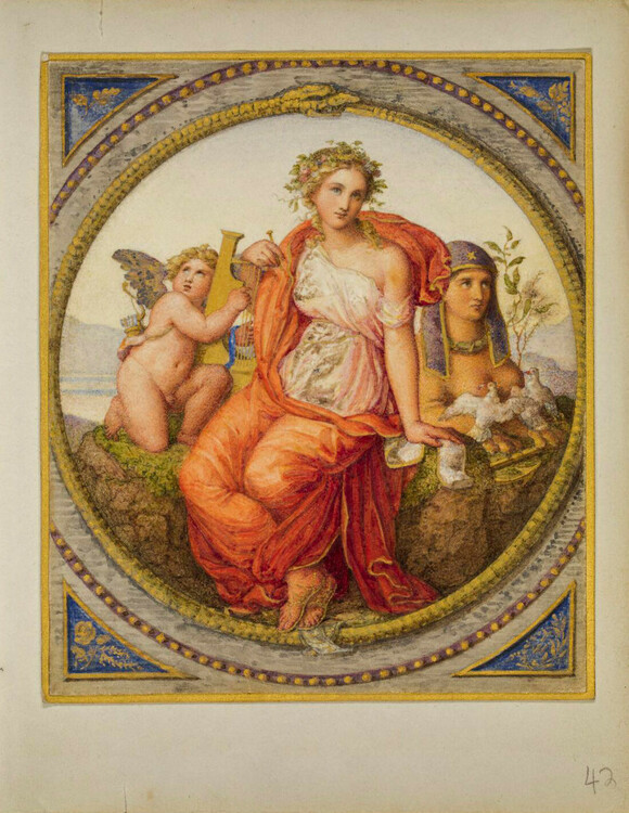 Wilhelm Hensel: Die heilige Cäcilia (?) mit einer Sphinx. Aquarell im Album für seine Frau Fanny, um 1830/31 (MA Nachl 22/B,5, f. 43r)