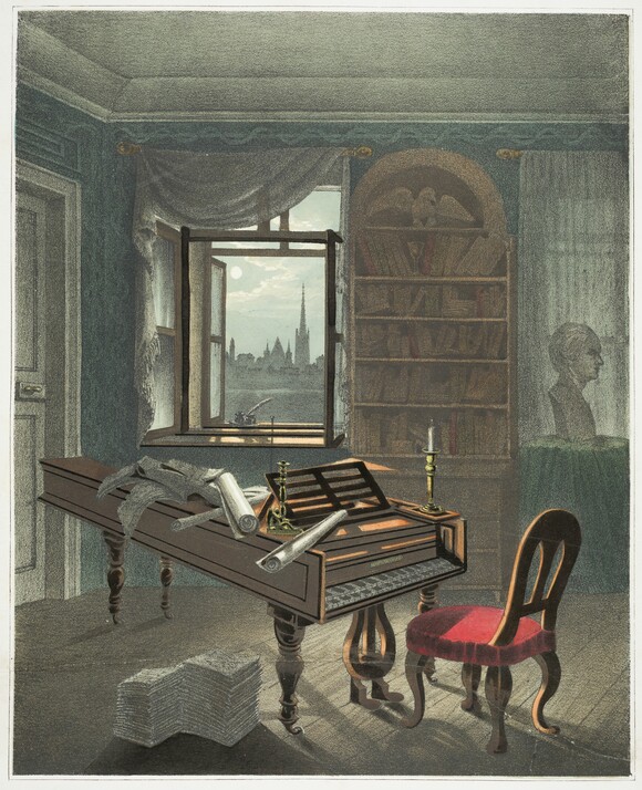 Bildnis Ludwig van Beethovens Wohn- und Musikzimmer im "Schwarzspanierhaus" in Wien 1827, kolorierte Lithographie (Signatur: Mus.P. Beethoven, L. v. II, 13)
