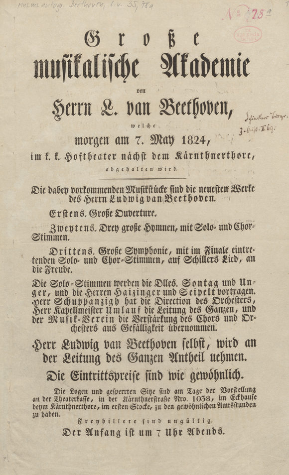 Plakat zur Uraufführung 1824 (Signatur: Mus.ms.autogr. Beethoven, L. v. 35, 78a)