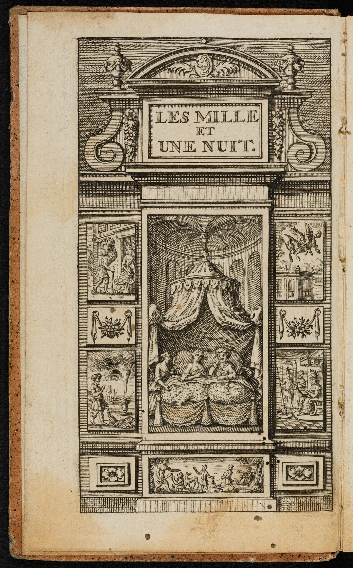 Frontispiz von Antoine Galland, Les Mille Et Une Nuit. Contes Arabes, Leiden 1768, Band 1. 
