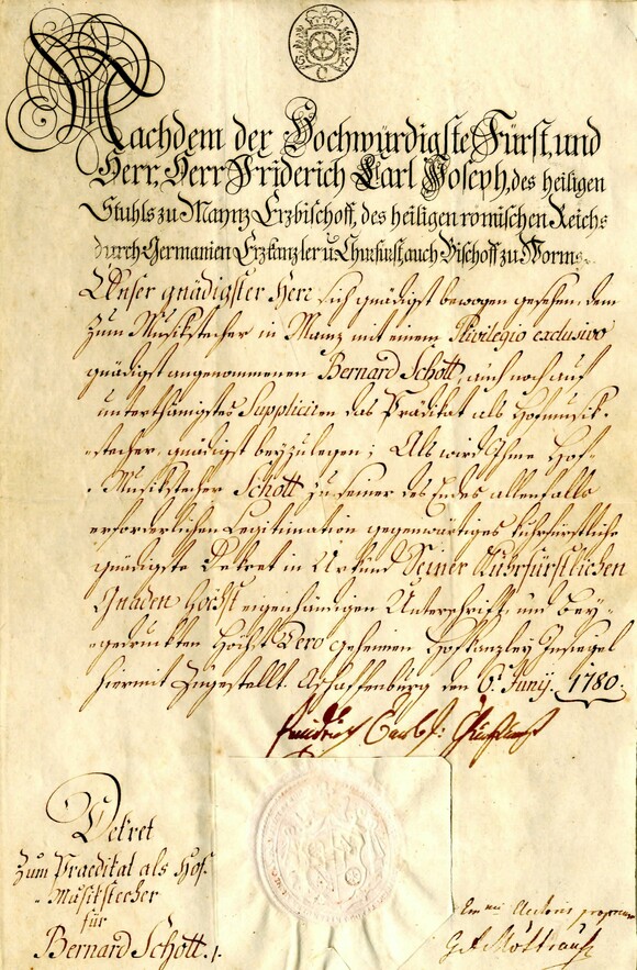 Dekret für den „Hofmusikstecher“ Bernhard Schott, ausgestellt in Aschaffenburg, Juni 1780