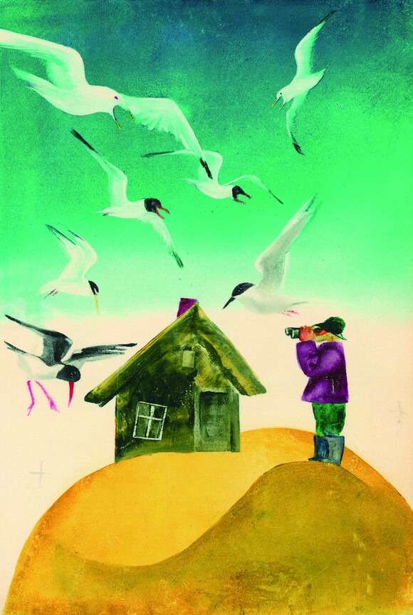 Originalillustration (ca. 1975) von Wolfgang Würfel zu Wolf Spillner: Die Vogelinsel. Berlin: Kinderbuchverlag, 1976.