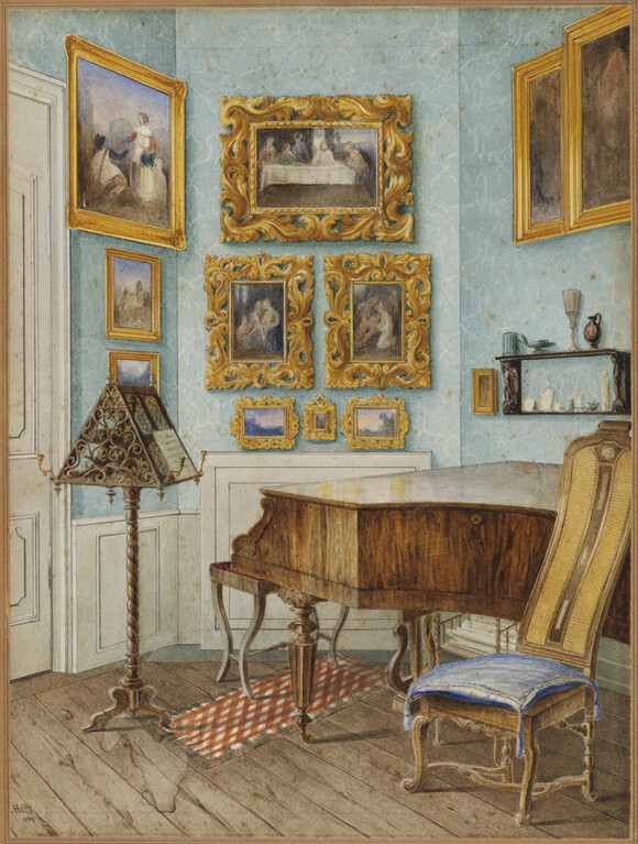 Bild zeigt: Julius Eduard Wilhelm Helfft: Musikzimmer der Fanny Hensel, Aquarell, 1849 (55 P 111)