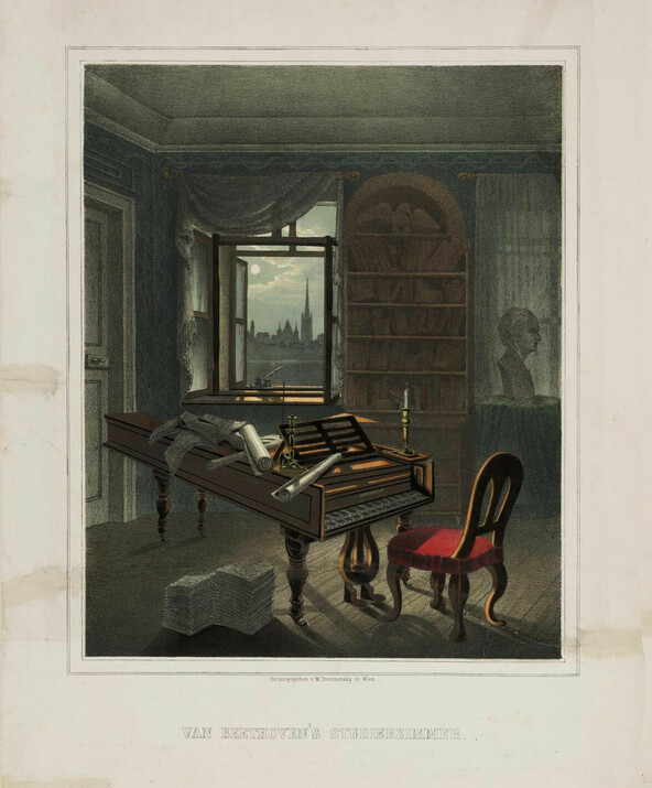 Beethovens Wohn- und Musikzimmer, Lithographie (nach einer Radierung von Gustav Leybold, nach einer Zeichnung von Johann Nepomuk Hoechle), 1827 Signatur: Mus. P. Beethoven, L. v. II,13