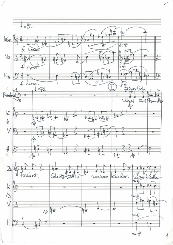 "Über das Fried-liche" (Erich Fried) für Sopran, Bariton, Bass oder kleinen Chor sowie Klarinette, Viola und Horn, komponiert am 22.4.1996, (55 Nachl 79, 156).