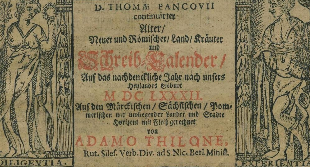 Kalender Berlin Coelln - Titelblatt mit Buntpapier-Rahmen. 1681. VD17 1:708122R
