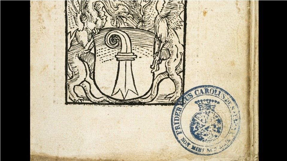 Novellarvm Constitutionum Dn. Iustiniani 1562 mit dem Besitzstempel Friedrich Karl von Savignys: Fridericus Carolus De Savigny Non Mihi Sed Aliis (Nicht für mich, sondern für andere)