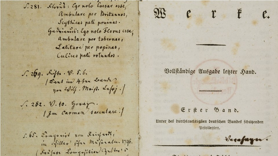 Goethe's Werke, Erster Band 1827, mit dem Schriftzug Karls August Varnhagen von Enses