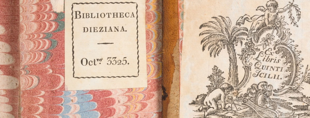 [Translate to English:] Etikett für die Bibliothek Diez (nach 1817) und Exlibris des Karl Theophil Guichard, genannt Quintus Icilius (vor 1775)