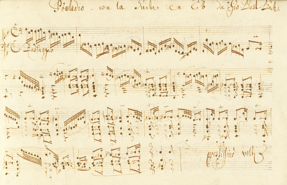 Bild zeigt: J. S. Bach, Lautensuite e-Moll (BWV 996), 1. Seite, Abschrift (55 MS 10149)