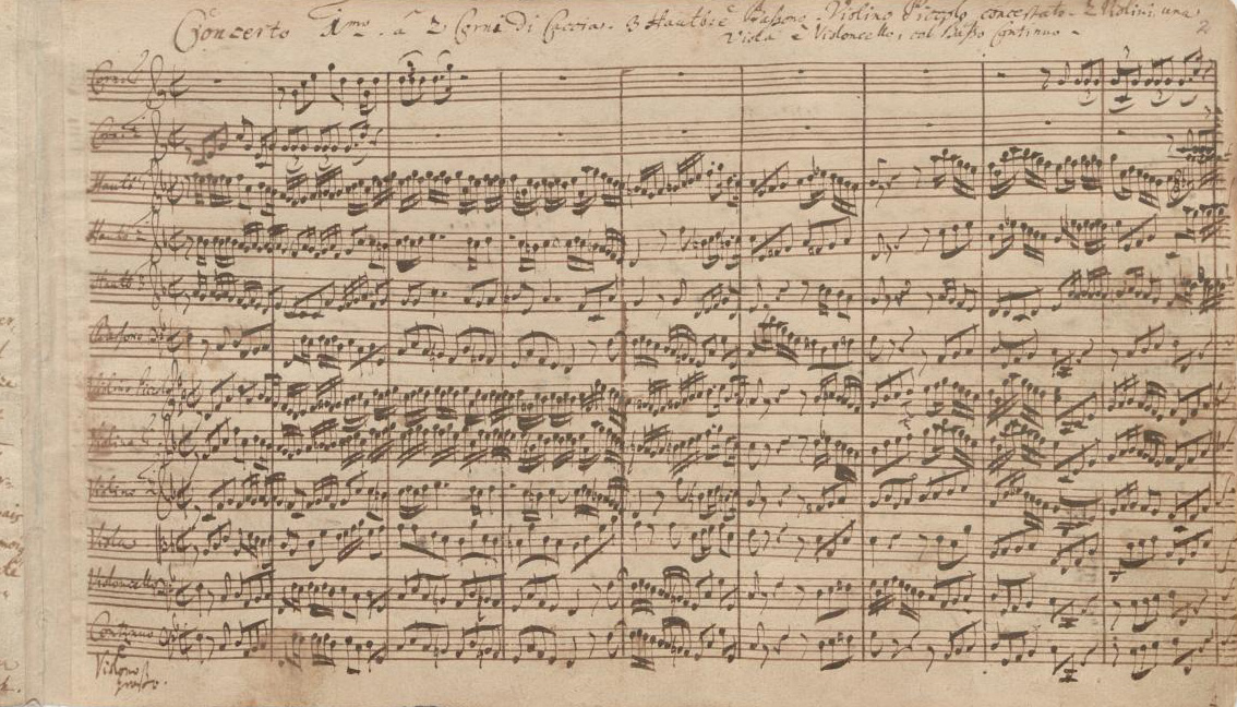Erste Notenseite des ersten Brandenburgischen Konzerts in F-Dur, BWV 1046 von Johann Sebastian Bach (Signatur: Am.B 78)