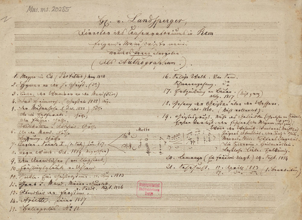 Ferdinand Schubert: Verzeichnis der an Ludwig Landsberg übergebenen Autographe Franz Schuberts, Herbst 1843 (Mus.ms. 20285, S. 1)